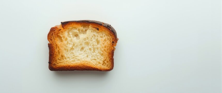 Burnt Bread Loaf Segment on White Surface Top View, Textured Edges