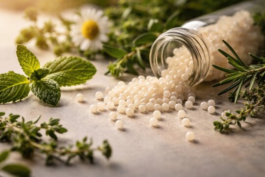 Macro view of herb globules placed on a plain copy space surface