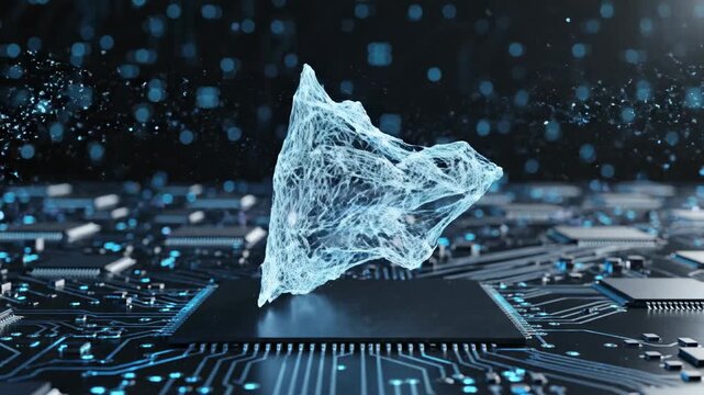 Intricate crystalline structure, resembling a complex data point, emerges from a highly detailed circuit board, suggesting artificial intelligence processing, digital information flow