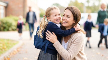 Fototapeta premium Happy mother and daughter embracing in autumn park after school