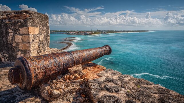 Ancient cannon overlooking turquoise Caribbean sea