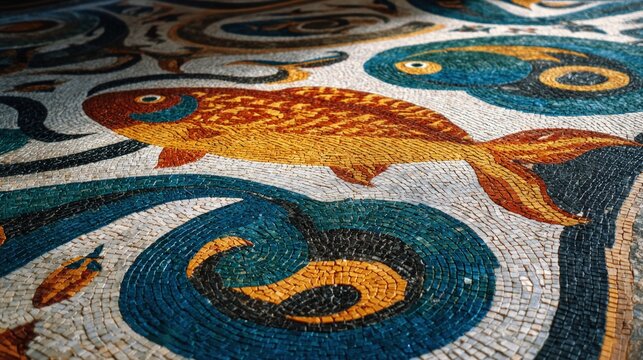Ancient mosaic fish pattern detail