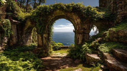 Fototapeta premium Ancient stone archway overlooking ocean view