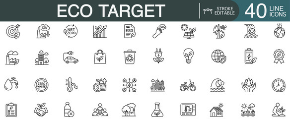 Eco target and environmental sustainability line icon set. Vector collection of green energy, net zero, ESG, and climate change symbols for business presentation. © Alice a.