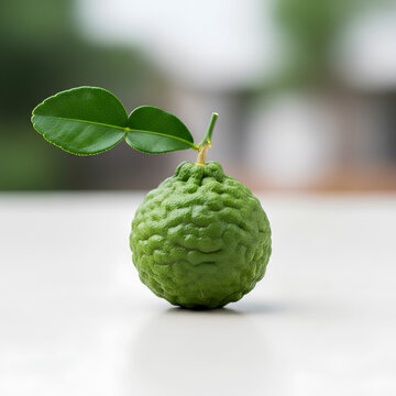 Closeup of a fresh green kaffir lime with leaves on a white surface.