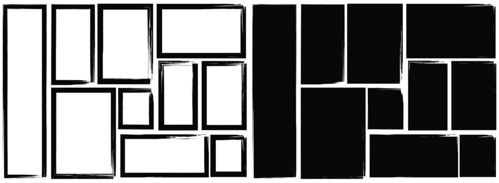 Black vector rough edge rectangles. Distressed painted textured rectangles. Paint brush strokes. Hand drawn crayon grunge brush rectangle frame. vector illustration.