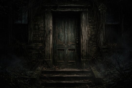 Mysterious weathered door on a forsaken house in darkness
