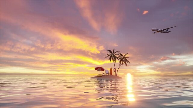 Idyllic tiny tropical island with palm tree, red beach umbrella, beach chair, and surfboard at a glowing sunset over calm ocean water. Perfect for summer, vacation, travel, and holiday content.