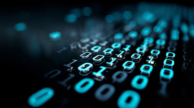 Macro close-up of a matrix of glowing binary code zeros and ones reflected on a sleek dark glass surface, abstract digital data stream, modern technology language, neon blue light,