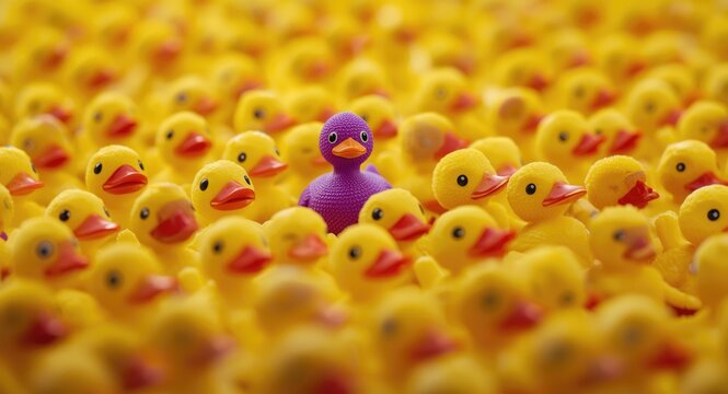 A single purple toy duck standing out among numerous yellow ducks highlighting uniqueness and individuality