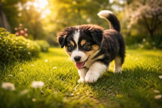 Playful pet exploring a flourishing green grass yard under warm spring light full length view