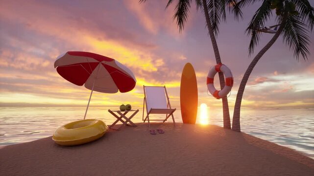 Idyllic tiny tropical island with palm tree, red beach umbrella, beach chair, and surfboard at a glowing sunset over calm ocean water. Perfect for summer, vacation, travel, and holiday content.