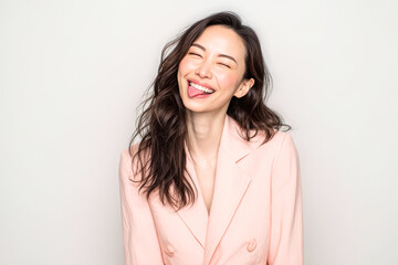Fototapeta premium A stylish woman poses with playful confidence, her bright expression blending glamour with city attitude. Modern beauty meets bold self expression in a clean, chic look.