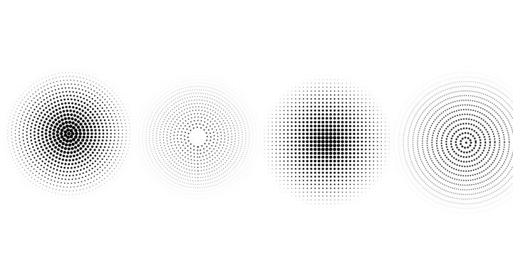 Black concentric circle set. Sonar or sound wave ring collection. Dotted and linear epicentre, target, radar icon concept. Ripple radial signal or vibration elements. Vector line and halftone symbols