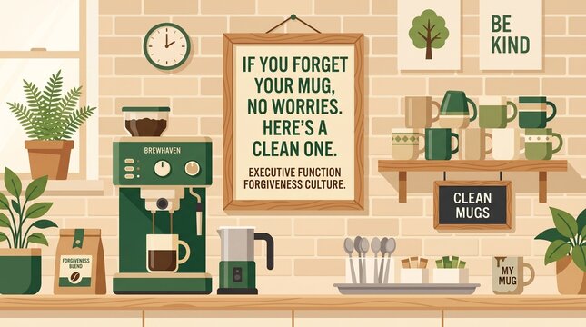 Inclusive office coffee station flat vector illustration with executive function forgiveness culture sign and clean mugs for neurodiversity support