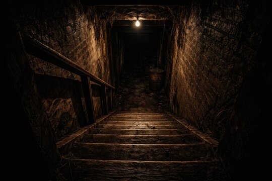 Sinister weathered wooden steps going down to creepy underground basement