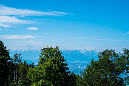 Austria, Beautiful view from top of pfaender mountain to snow covered peak of saentis in switzerland