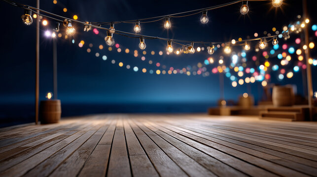 Commercial image: Empty outdoor dance floor with strings of warm fairy lights, wooden stage, night sky. The composition includes ample copy space for text placement. Shot on Phase