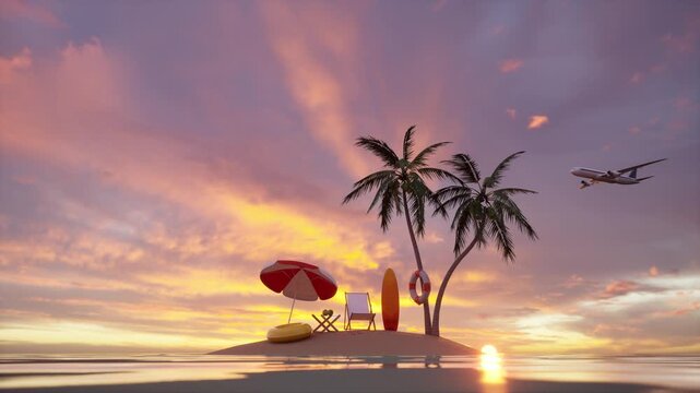 Idyllic tiny tropical island with palm tree, red beach umbrella, beach chair, and surfboard at a glowing sunset over calm ocean water. Perfect for summer, vacation, travel, and holiday content.