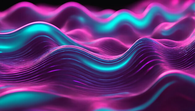 Generative AI abstract 3D fluid metallic wave background with neon cian and magenta colors