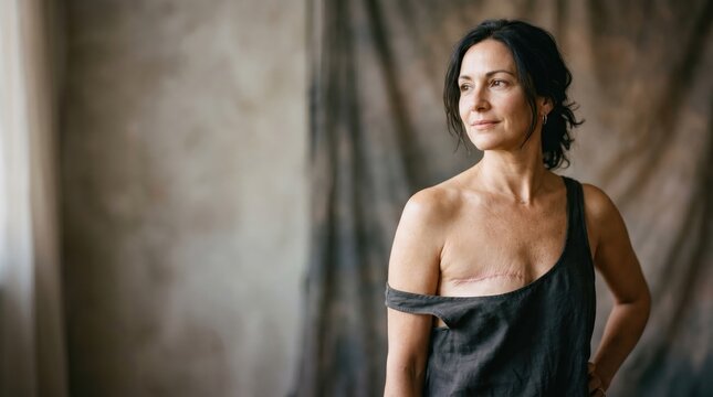 Woman with mastectomy scar looking thoughtfully away