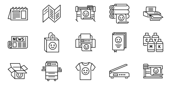 Printing House Line Icon Set, Print Shop Equipment Vector Transparent Background