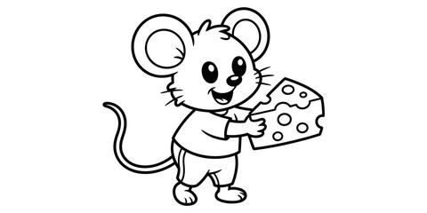 Fototapeta premium Cute cartoon mouse holding a piece of cheese for kids coloring page Vector, illustration