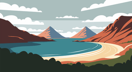 Beautiful coastal landscape vector illustration with mountains and a sandy beach, perfect for travel and nature themes © PDWN Creative