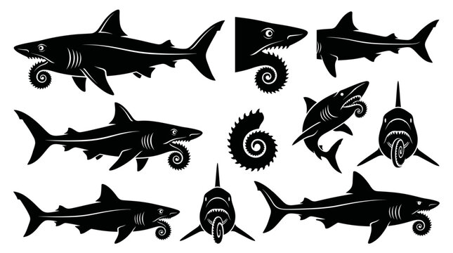 Black and white vector silhouette set of Helicoprion shark