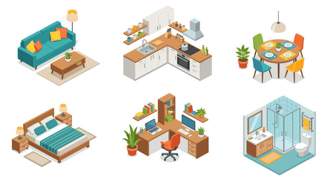 Modern Home Interior Rooms and Furniture Isometric Vector Illustration Set
Keywords: home interior, room set, isometric rooms, apartment interior, furniture colle