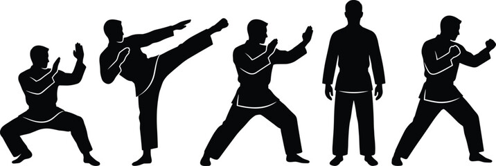 Martial arts karate silhouette collection with fighting stances kicking poses and self defense training vector set © MDRAKIB