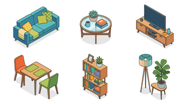 Modern Home Interior Rooms and Furniture Isometric Vector Illustration Set
Keywords: home interior, room set, isometric rooms, apartment interior, furniture colle