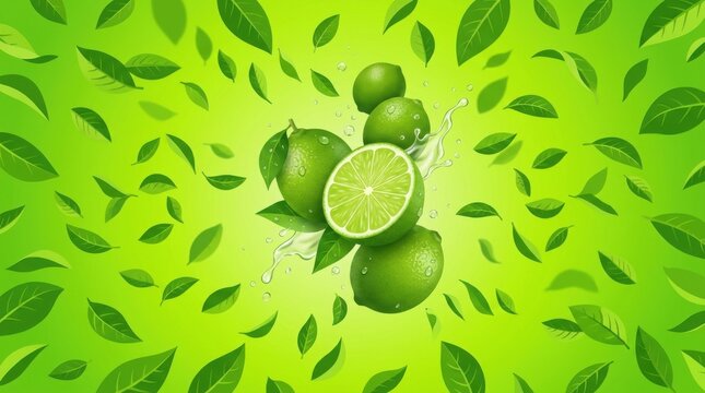 Refreshing Lime and Mint Leaves on Green Pattern Background