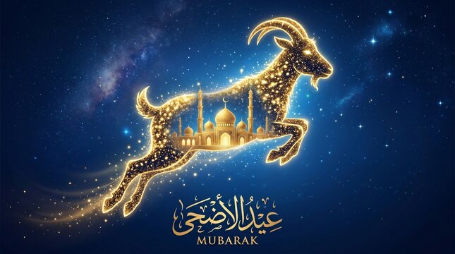 Golden goat silhouette with mosque inside for eid al adha celebration on a blue starry background