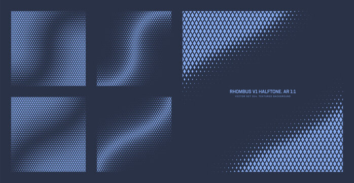 Assorted vector dark navy blue rhombus grid halftone pattern set in square 1:1 aspect ratio including twisted frame and diagonal bent borders. Half tone futuristic graphical design elements collection