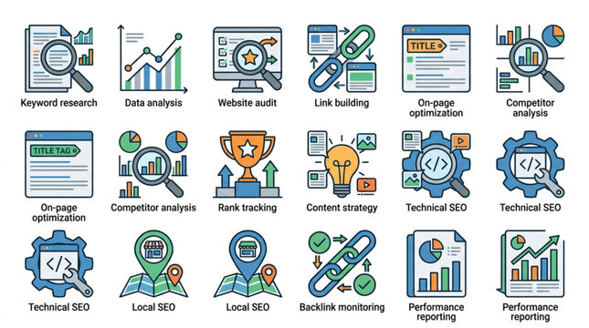 Collection of SEO and digital marketing icons with charts and graphs.