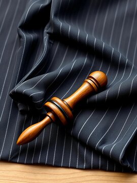 Folded dark gray pinstriped fabric with wooden gavel in background, pinstripe, dark