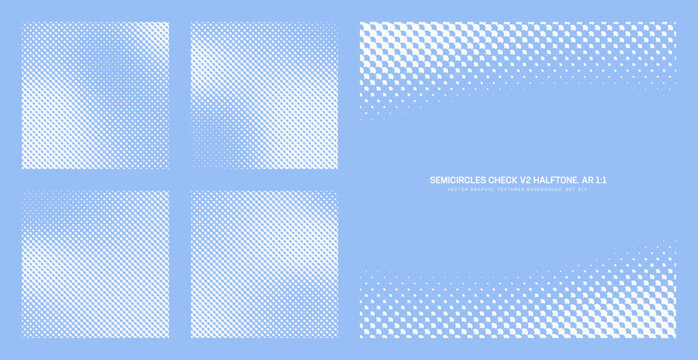 Assorted vector tilted checkered semi circle scales light blue halftone pattern set in square 1:1 aspect ratio including faded border and various fluid textures. Varied half tone design element bundle