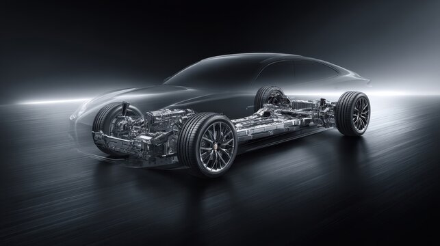 Detailed cutaway view of an advanced automotive chassis and drivetrain system, showcasing intricate engineering and technological innovation