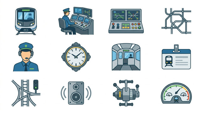 Collection of train and transportation related icons and illustrations.