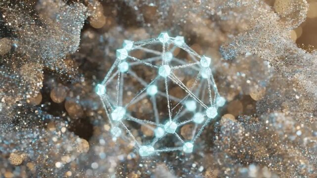Intricate luminous molecular network structure forms a glowing geometric lattice within a textured organic environment, suggesting complex biological connections and scientific research