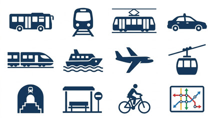Collection of transportation icons including bus train tram car airplane ship cable car subway station bicycle and map. © Fetsasa