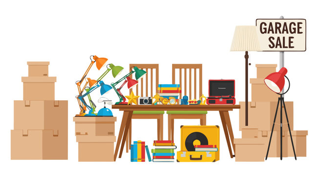 Garage Sale Vector Illustration of Second Hand Items and Boxes, a Whimsical and Charming Digital Art Piece