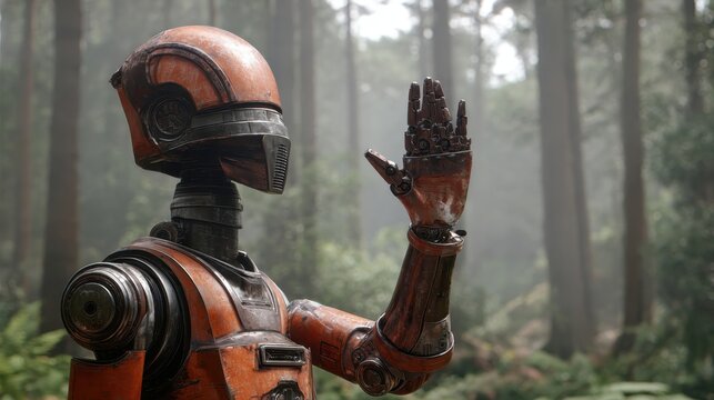 Orange robot with outstretched hand in misty forest setting