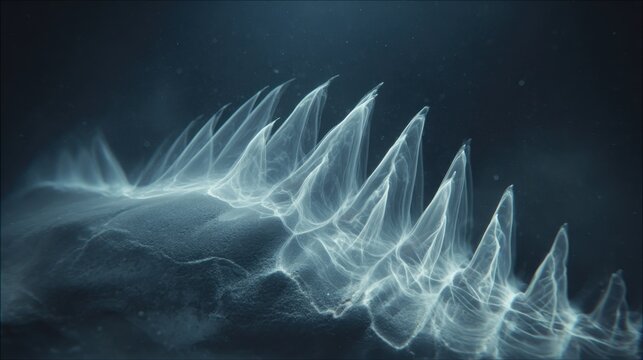 Pulsing holographic shark teeth arranged in rows, ethereal glowing underwater abstract design