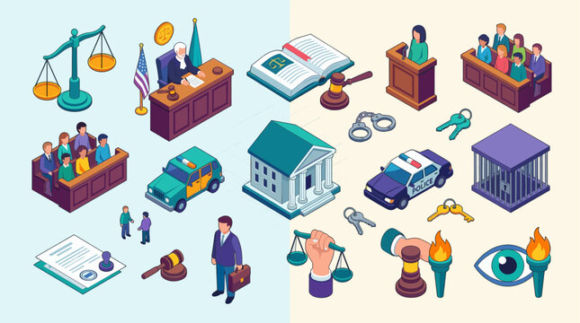 Justice System, Courtroom and Law Enforcement Isometric Vector Illustration Set