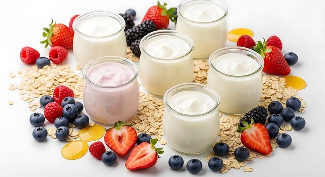 Fresh yogurt in glass jars with strawberries blueberries and oat flakes for a healthy breakfast meal. yaourts