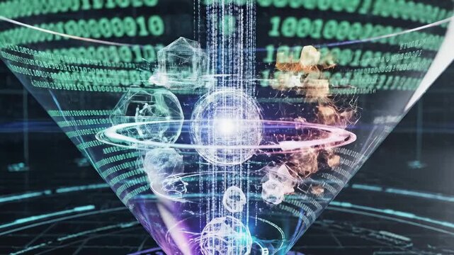 Abstract digital representation showcasing swirling energetic particles and geometric forms converging within a vortex, illuminated by glowing binary code streams and futuristic light effects