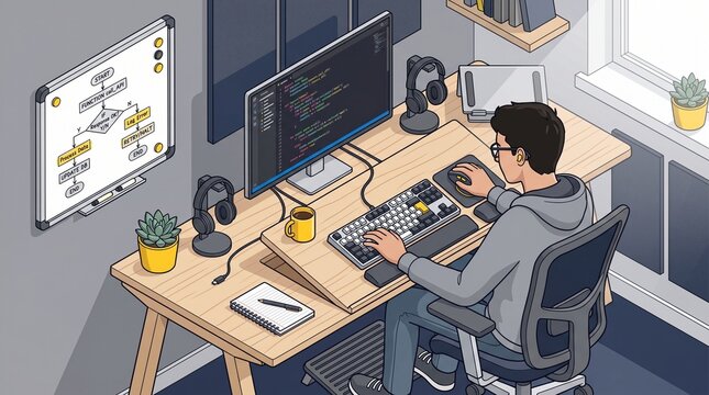 Isometric software engineer coding on computer at desk setup with flowchart whiteboard, web development and programming concept vector