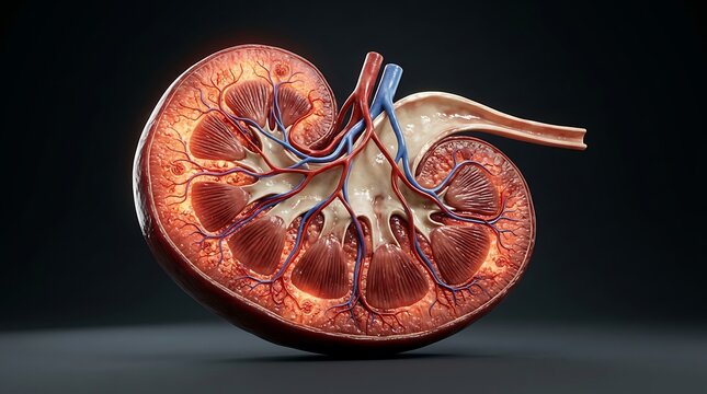 Crosssection of a human kidney showing internal anatomy including renal cortex, medulla, pyramids, and blood vessels